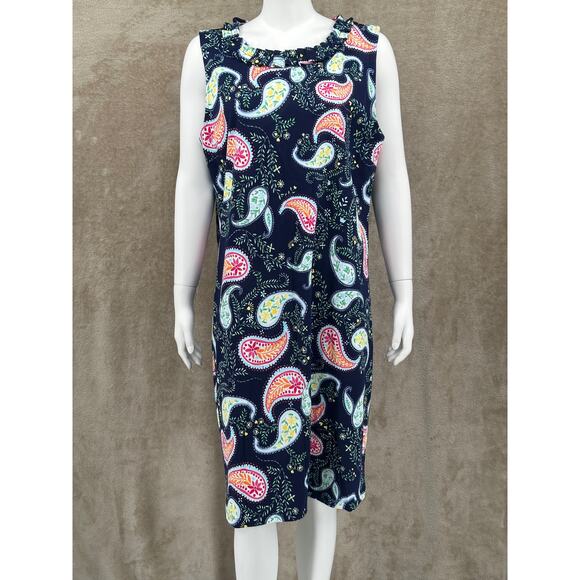 Talbots Dress Womens XL Navy Sleeveless Sheath Paisley 100% Cotton Boho Spring‎ - Picture 1 of 9